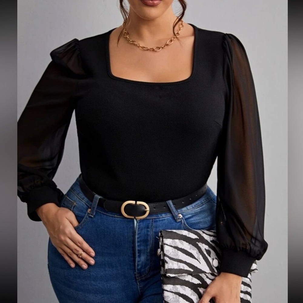 New With Tags ELOQUII square neck long sleeve black top with sheer sleeves
